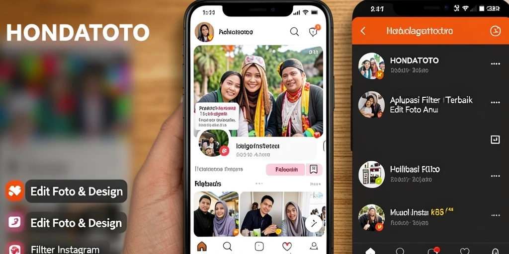 Tampilan aplikasi HONDATOTO dengan antarmuka pengguna yang menarik dan fungsi Filter Instagram.